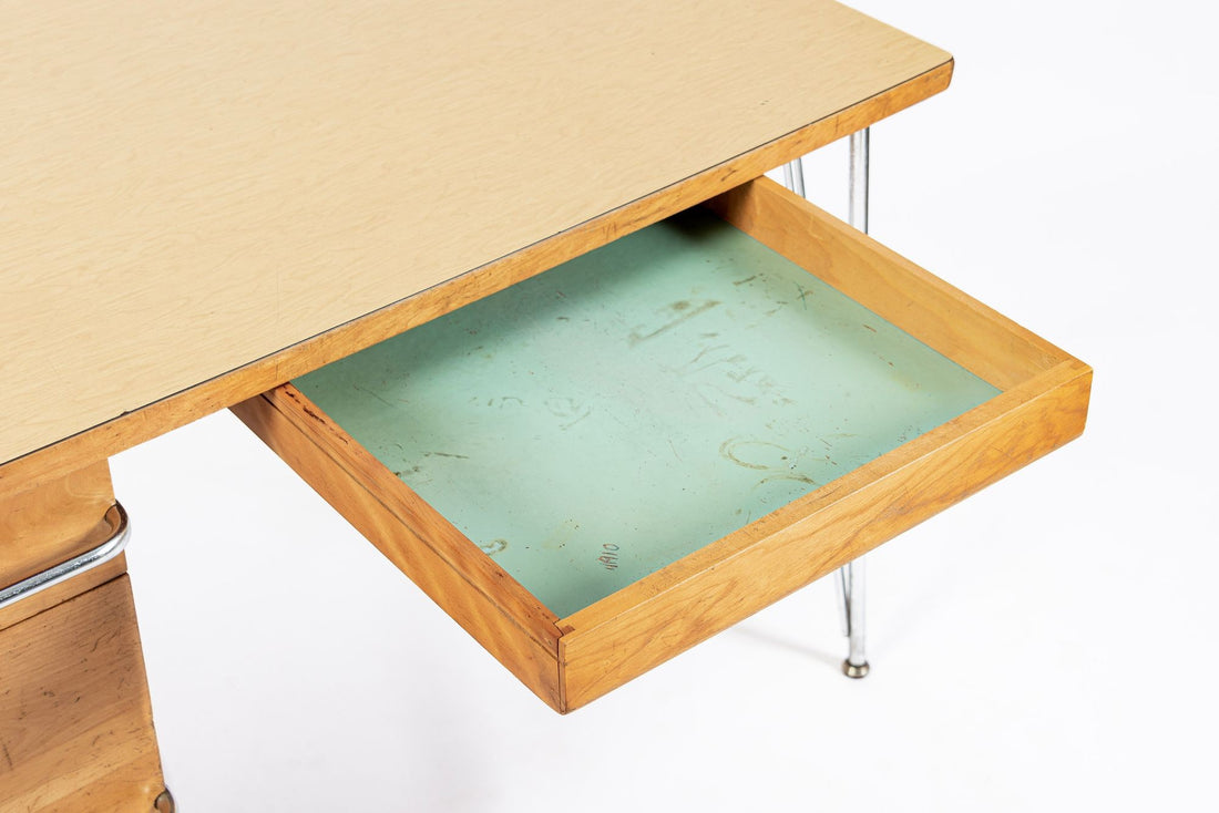 Kem Weber Trimline Desk for Heywood Wakefield, Mid Century Modern Birch and Chrome Office Desk, 1950s