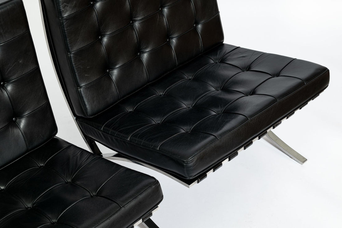Pair Mid Century Black Leather Barcelona Chairs by Mies van der Rohe for Knoll, 1977