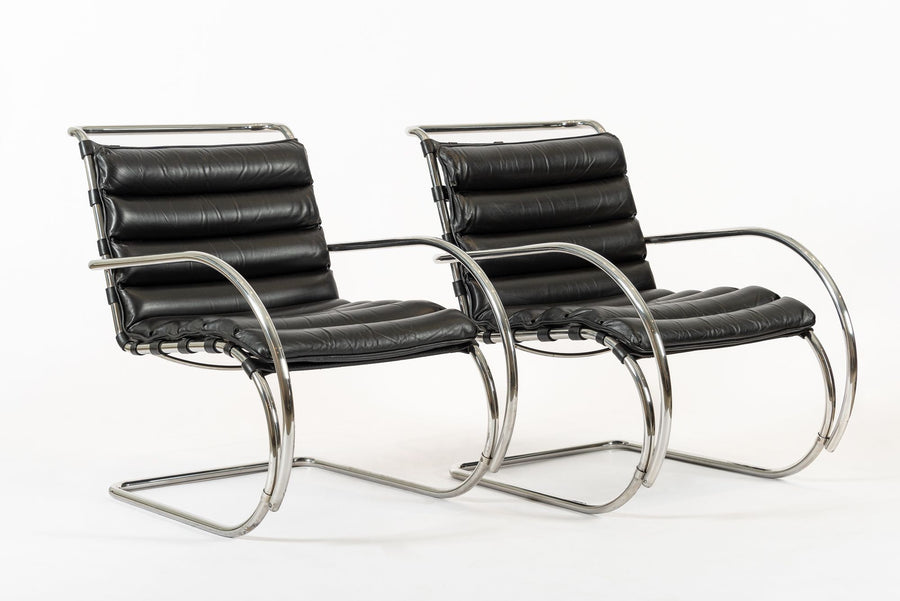 Mid Century MR Black Leather Arm Chairs by Mies van der Rohe for Knoll