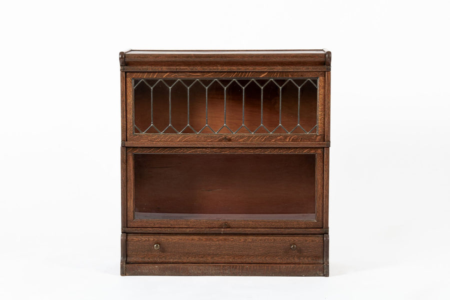 Antique Three Shelf Wood Barrister Bookcase Cabinet with Leaded Glass