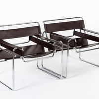 Mid Century Dark Brown Leather Wassily Arm Chairs by Marcel Breuer for Knoll, Signed, 1960s