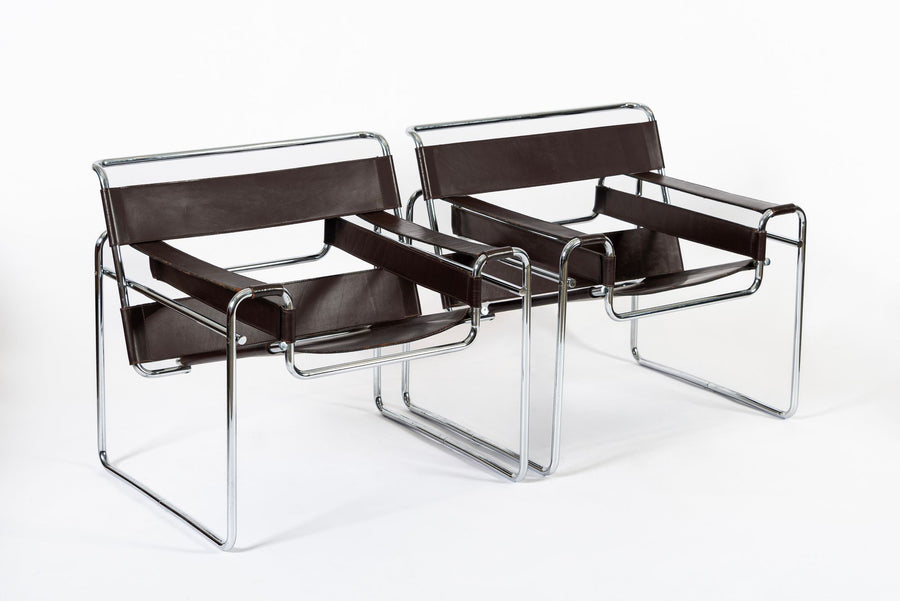 Mid Century Dark Brown Leather Wassily Arm Chairs by Marcel Breuer for Knoll, Signed, 1960s