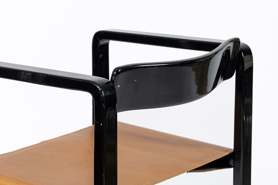 Mid Century Modern Black Lacquer and Brown Leather Arm Chairs 1970s