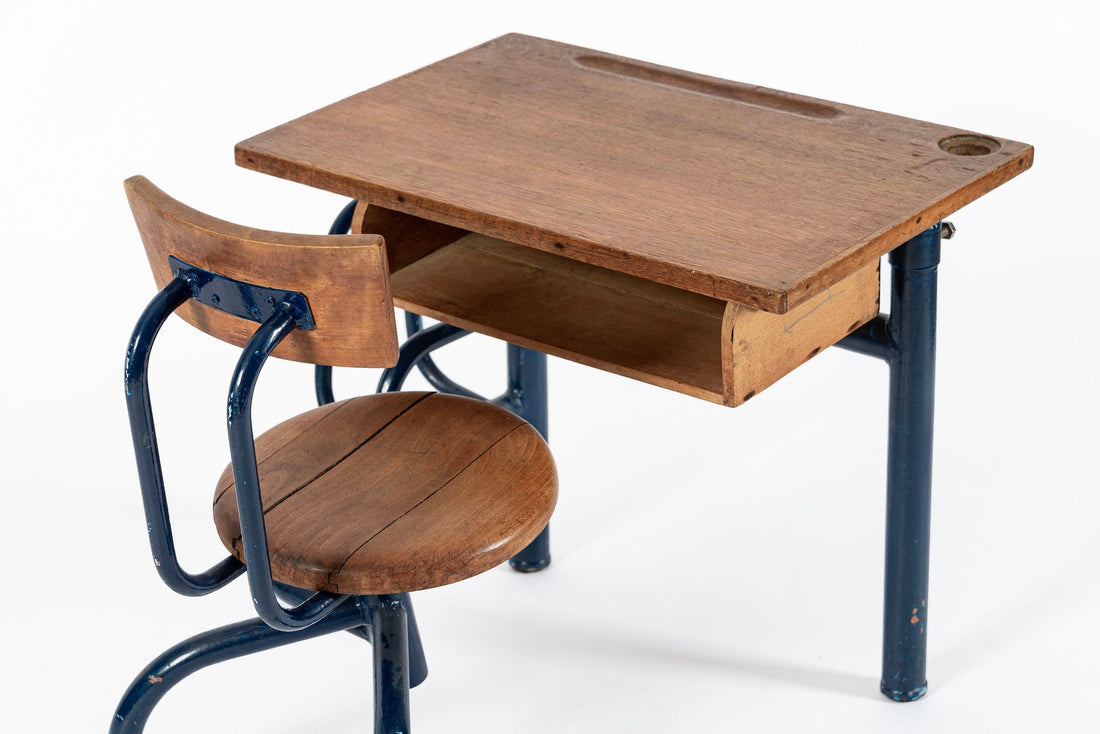 Vintage Antique Wood & Metal Child’s School Desk and Chair in the Style of Jean Prouvé