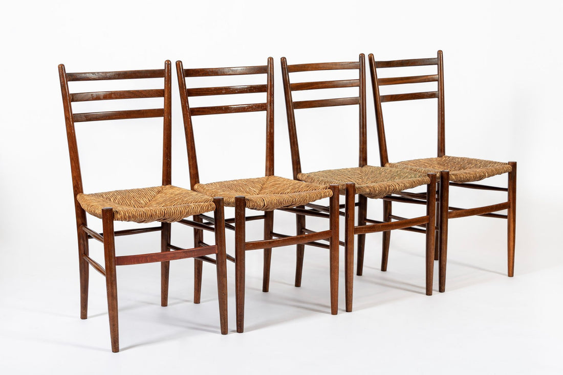 Vintage Rustic Modern Wood and Rush Wicker Dining Chairs, Set of 4