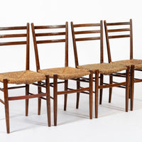 Vintage Rustic Modern Wood and Rush Wicker Dining Chairs, Set of 4
