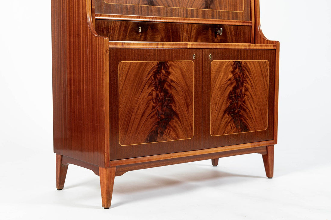 Scandinavian Modern Figured Mahogany Secretary Bookcase Cabinet 1960s