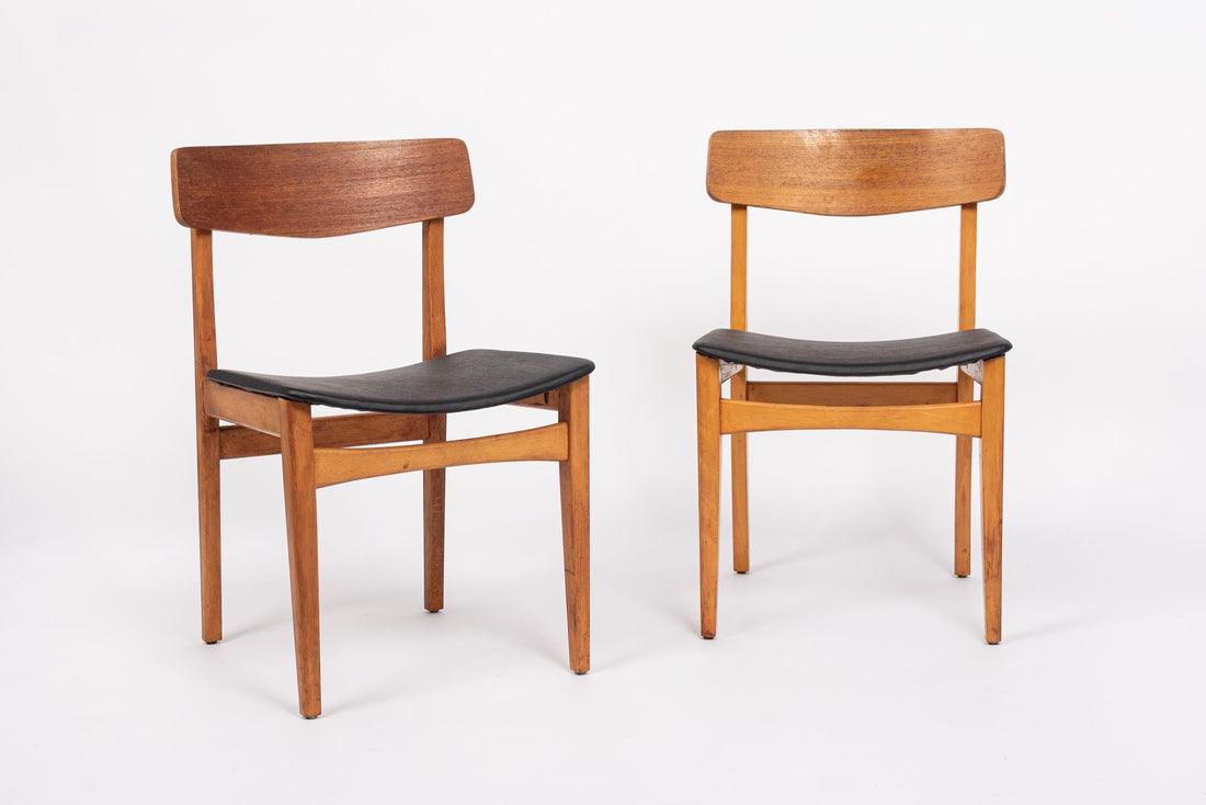 Mid Century Danish Teak Wood & Black Vinyl Dining Chairs