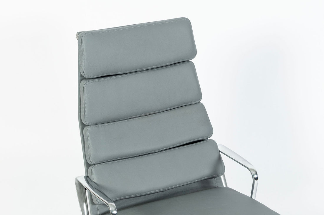 Eames Soft Pad Recliner with Ottoman for Herman Miller, Gray Leather Aluminum Group