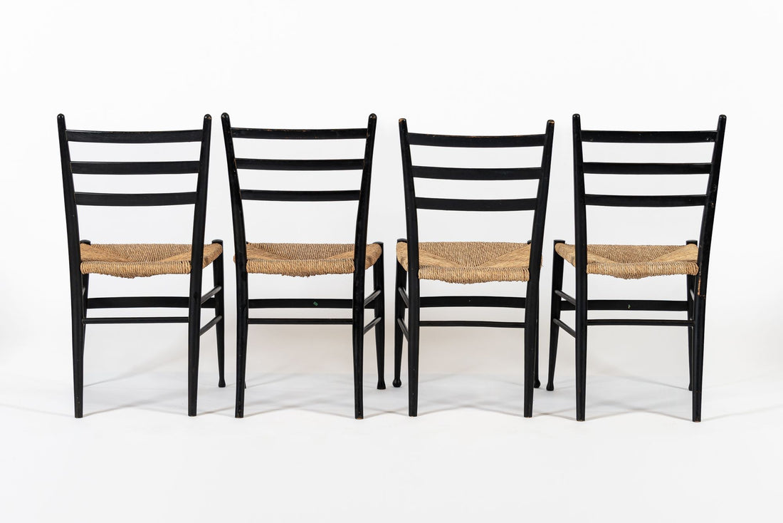 Vintage Mid Century Black Wood and Rush Wicker Dining Chairs