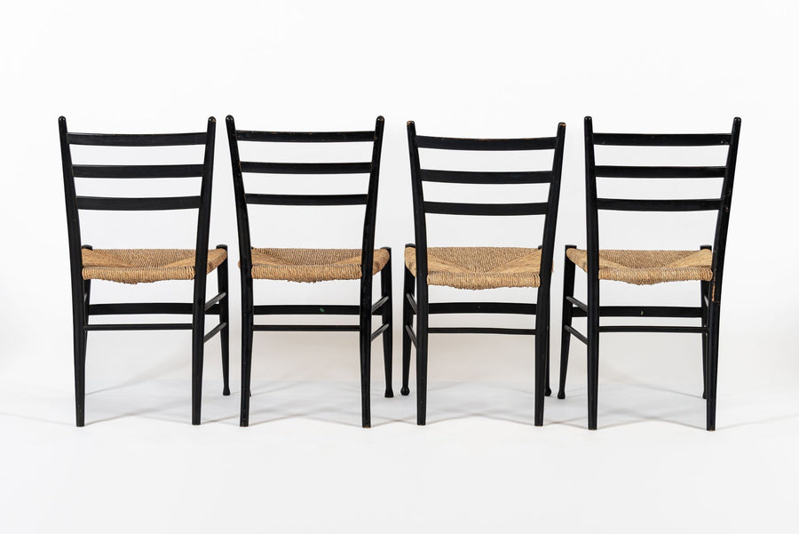 Vintage Mid Century Black Wood and Rush Wicker Dining Chairs