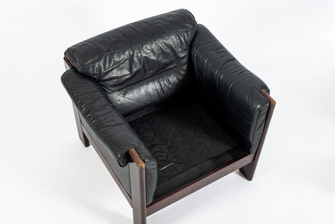 Mid Century Danish Black Leather Lounge Chair in Style of Arne Norell, Matching Sofa