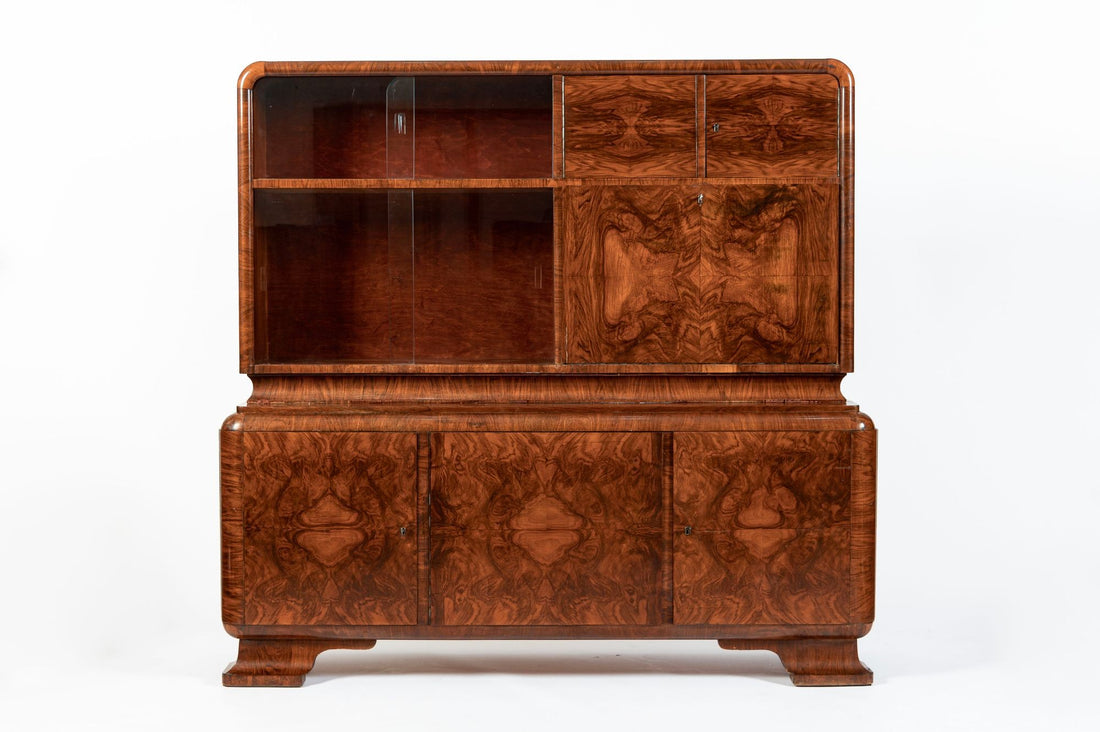 Antique Art Deco Burl Wood China Cabinet or Bar Cabinet with Drop-down Tabletop 1930s