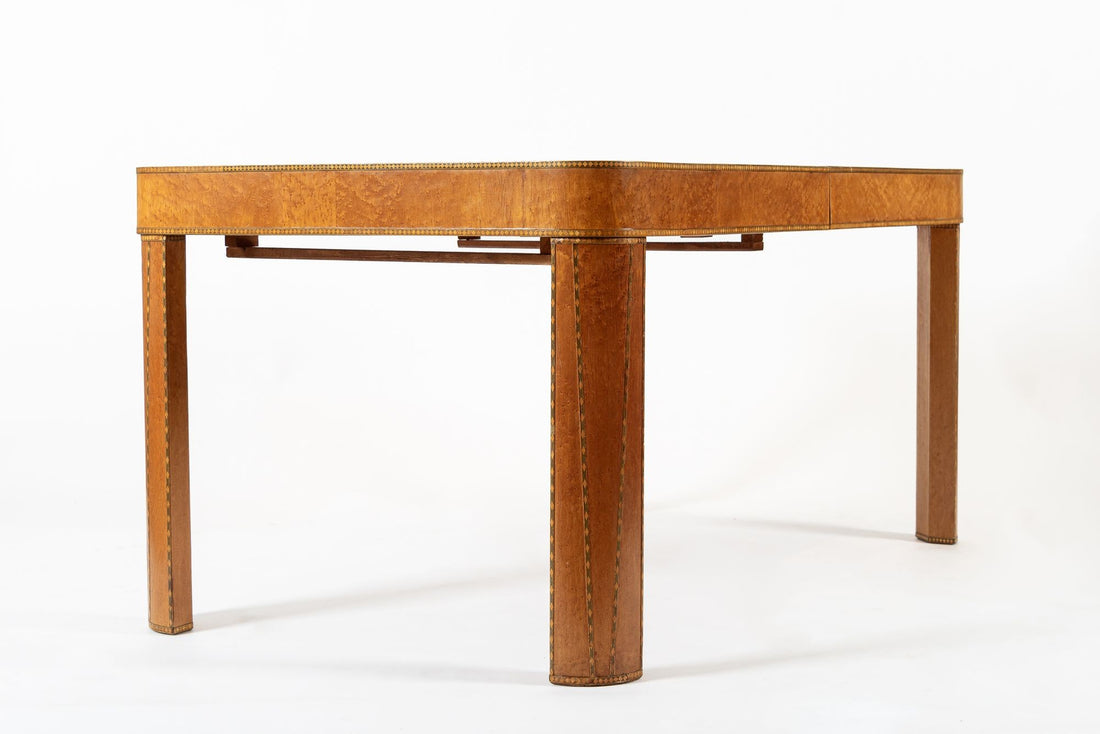 Antique Art Deco Macassar Ebony Wood Dining Table with Glass Top, 1940s