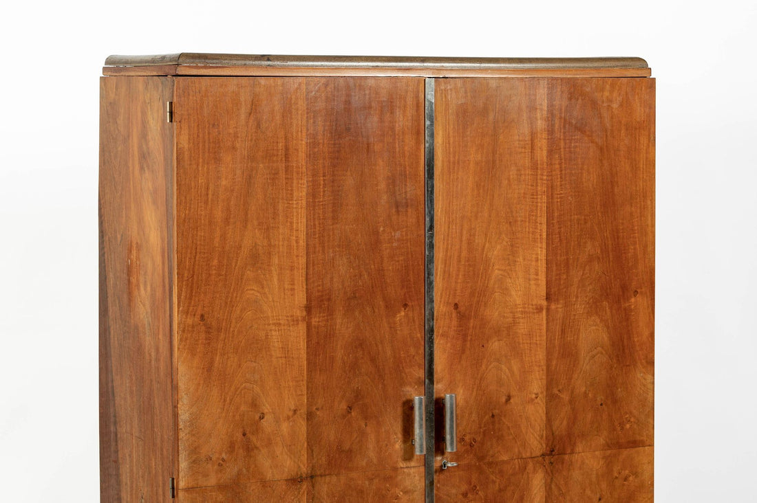 Antique French Art Deco Mahogany Wardrobe Armoire Cabinet, 1940s