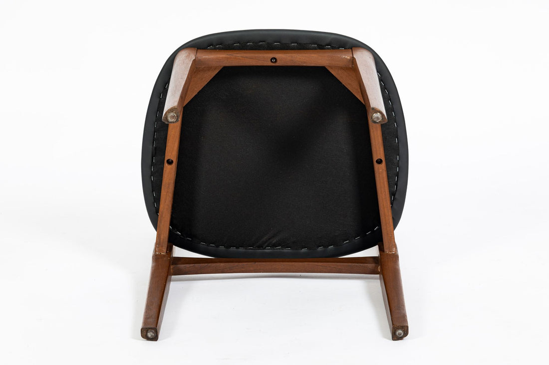 Mid Century Danish Teak Wood & Black Vinyl Dining Chairs, Set of 4