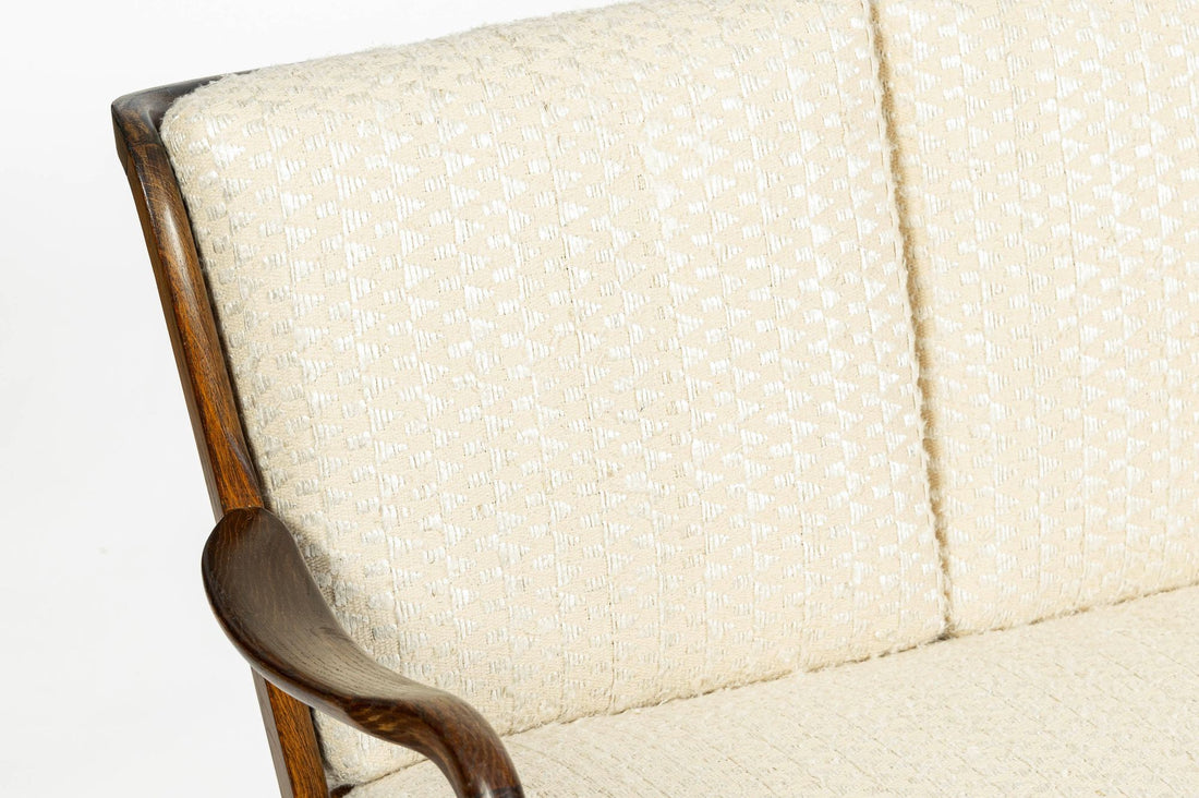 Danish Modern Solid Walnut Spindle Back Sofa in Schumacher Fabric, Circa 1960