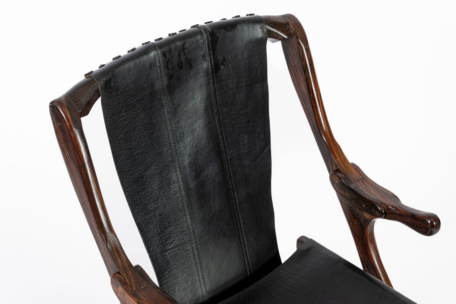 Mid Century Rosewood & Black Leather Folding Lounge Chair by Don Shoemaker