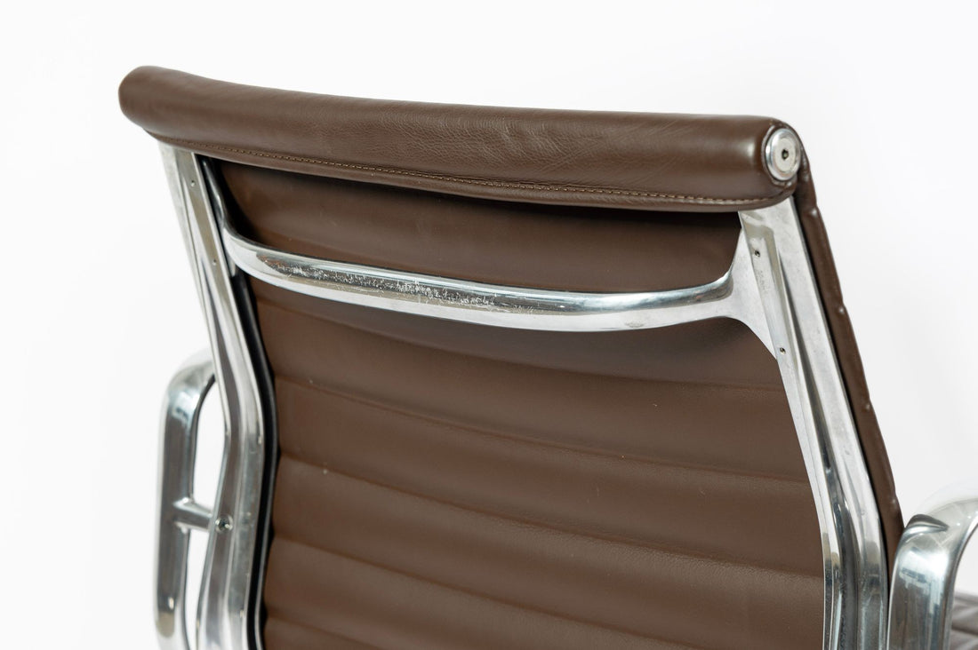 Set of 4 Eames Herman Miller Office Chairs, Brown Leather Thin Pad Aluminum Group