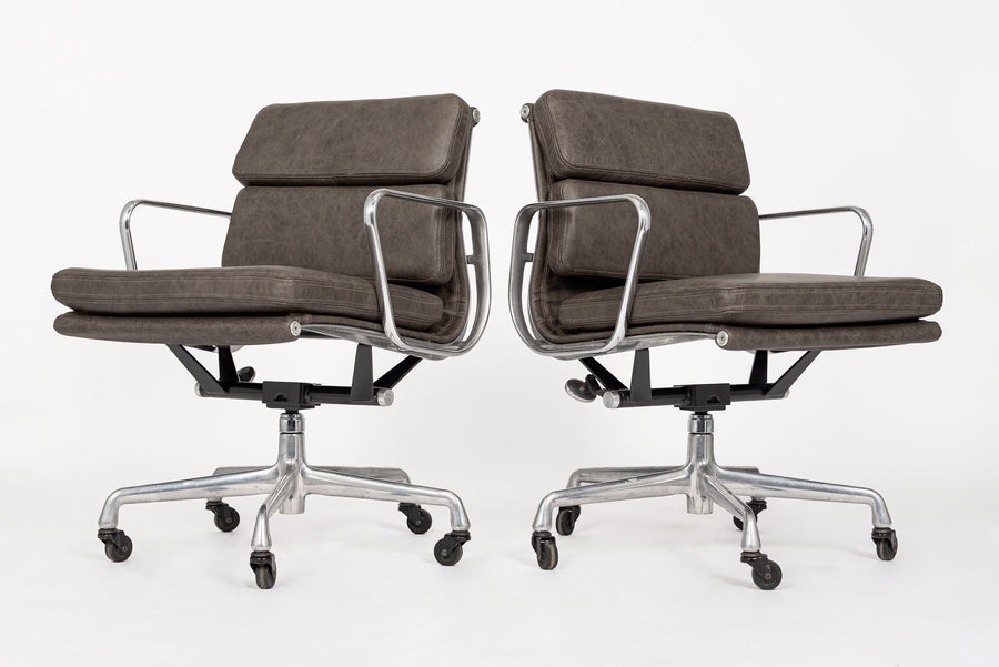 2000s Eames Herman Miller Gray Leather Desk Chairs Aluminum Group