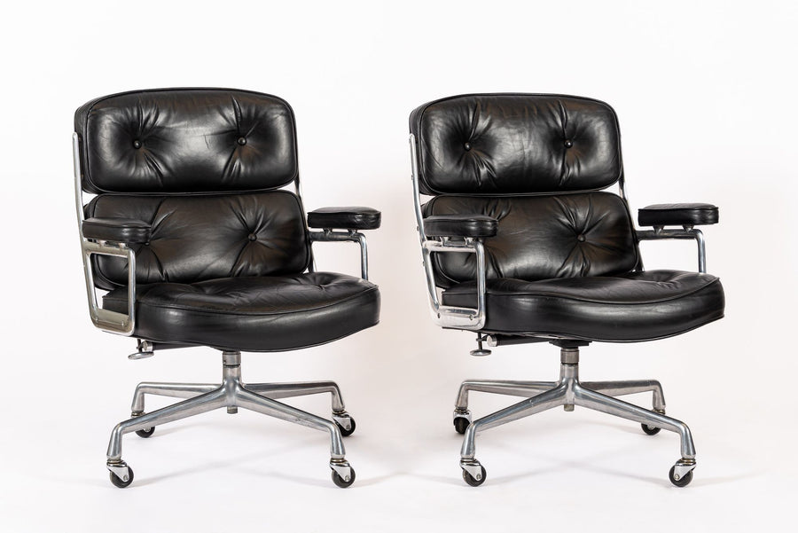Pair Eames Herman Miller Time Life Black Leather Office Chairs 1980s