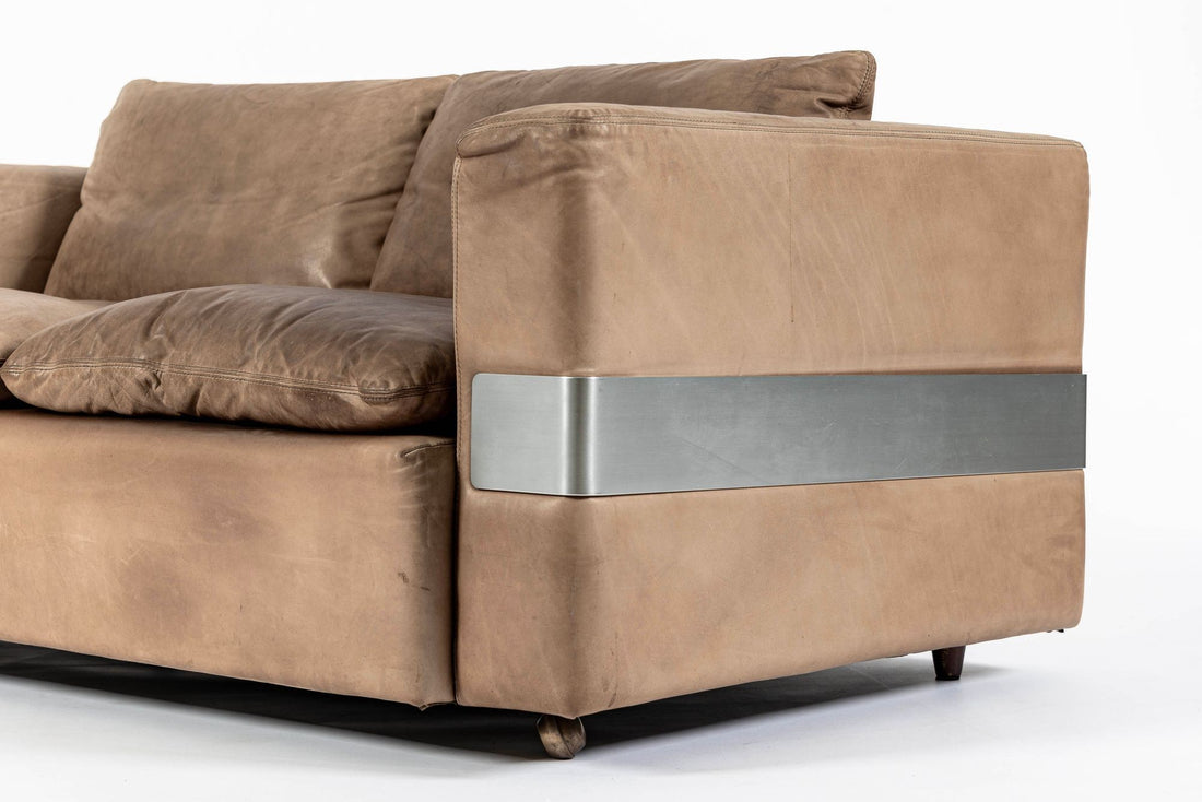 Mid Century German Distressed Brown Leather Sofa in the Style of Robert Haussmann