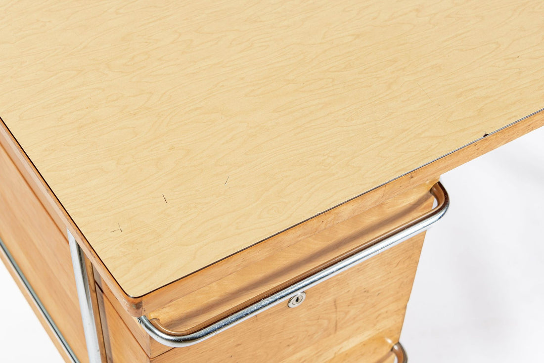 Kem Weber Trimline Desk for Heywood Wakefield, Mid Century Modern Birch and Chrome Office Desk, 1950s
