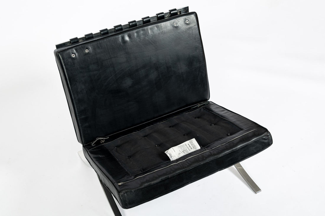 Pair Mid Century Black Leather Barcelona Chairs by Mies van der Rohe for Knoll, 1977
