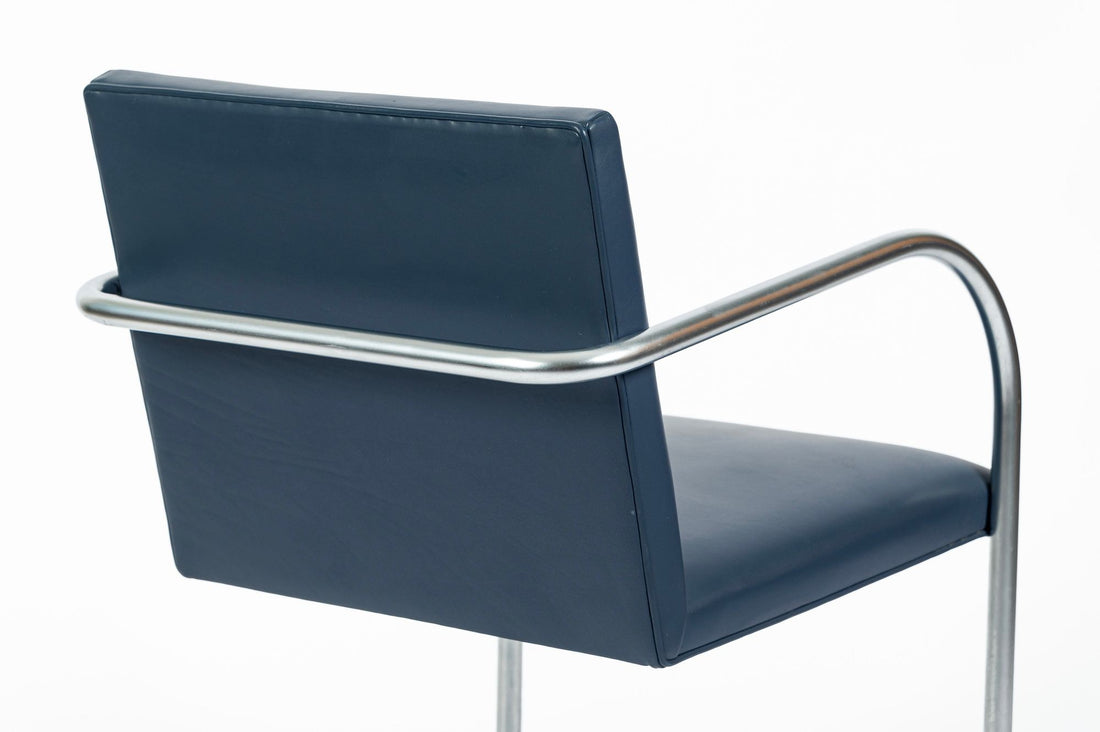 Mid Century Modern Blue Leather Brno Arm Chairs by Mies van der Rohe for Knoll, Set of 4