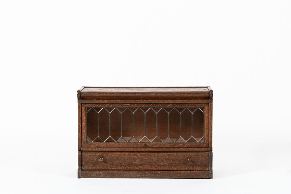 Antique Three Shelf Wood Barrister Bookcase Cabinet with Leaded Glass