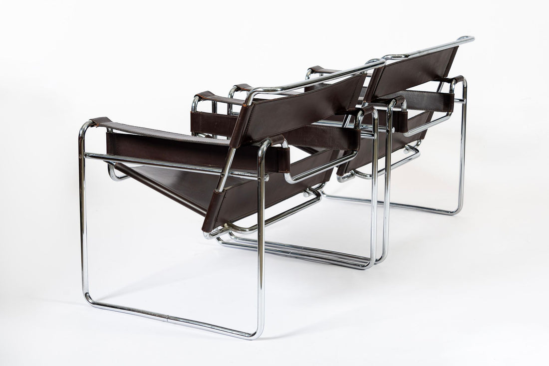 Mid Century Dark Brown Leather Wassily Arm Chairs by Marcel Breuer for Knoll, Signed, 1960s