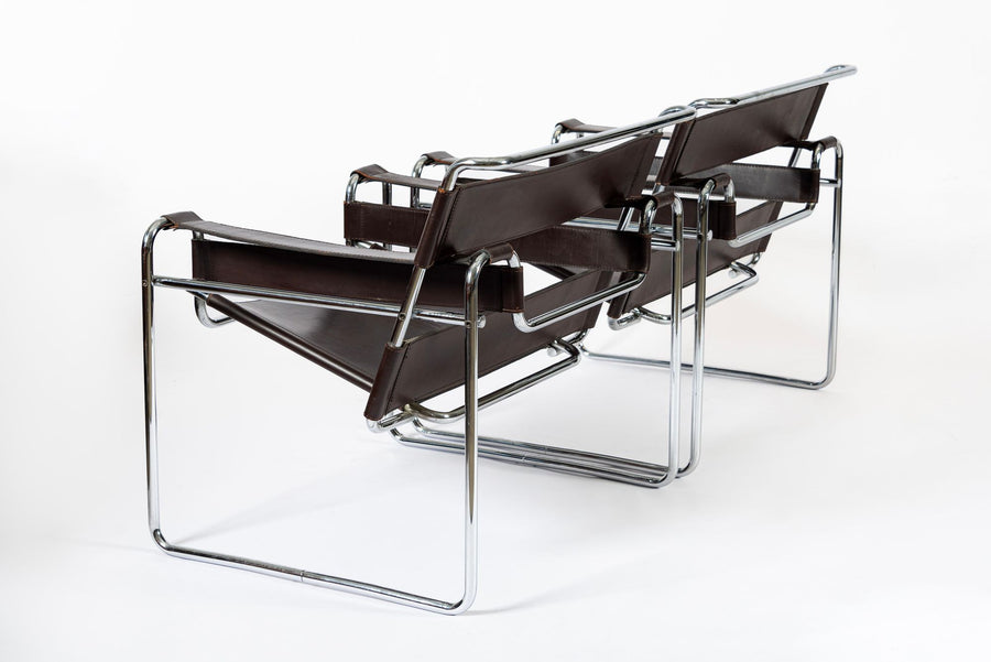 Mid Century Dark Brown Leather Wassily Arm Chairs by Marcel Breuer for Knoll, Signed, 1960s