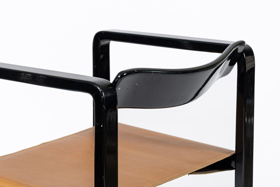 Mid Century Modern Black Lacquer and Brown Leather Arm Chairs 1970s