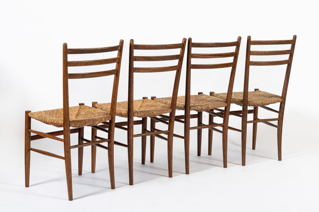 Vintage Rustic Modern Wood and Rush Wicker Dining Chairs, Set of 4