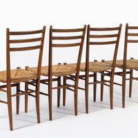 Vintage Rustic Modern Wood and Rush Wicker Dining Chairs, Set of 4