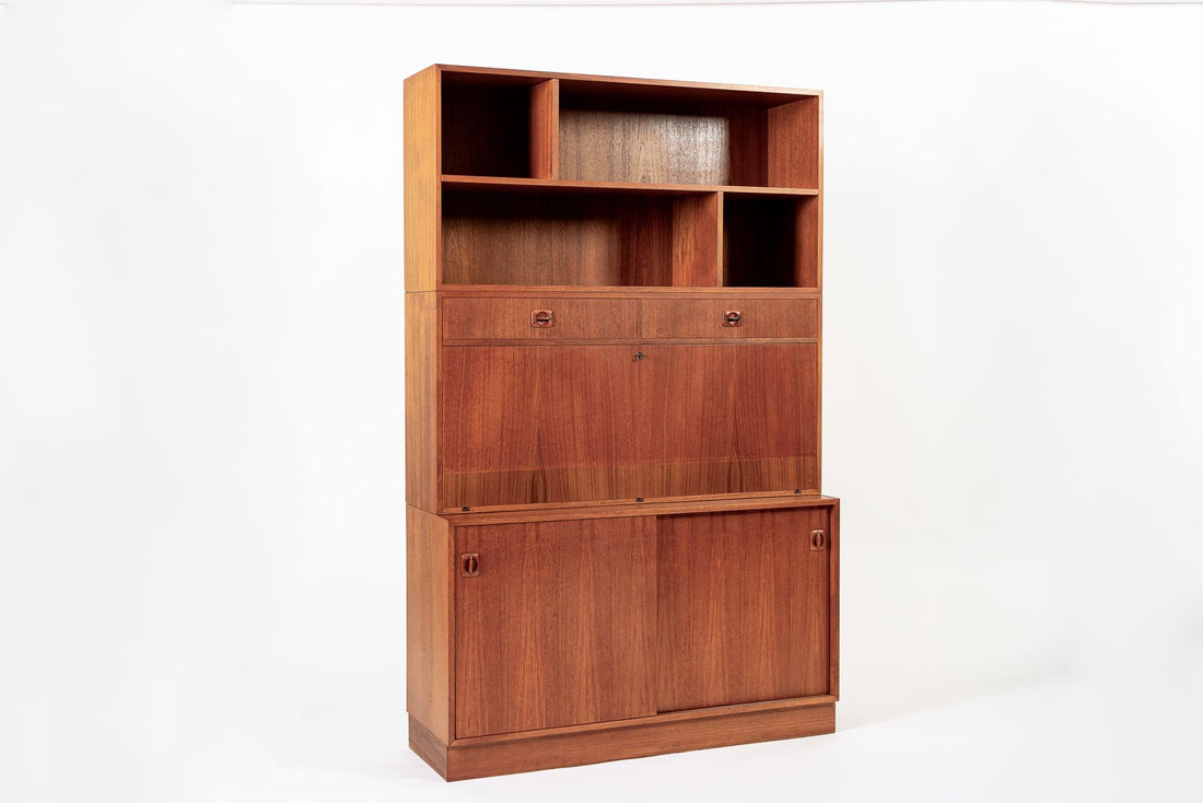 Mid Century Danish Teak Wood Drop-Down Secretary Desk Wall Unit