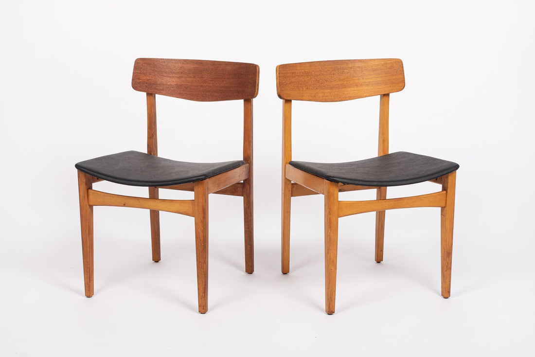 Mid Century Danish Teak Wood & Black Vinyl Dining Chairs