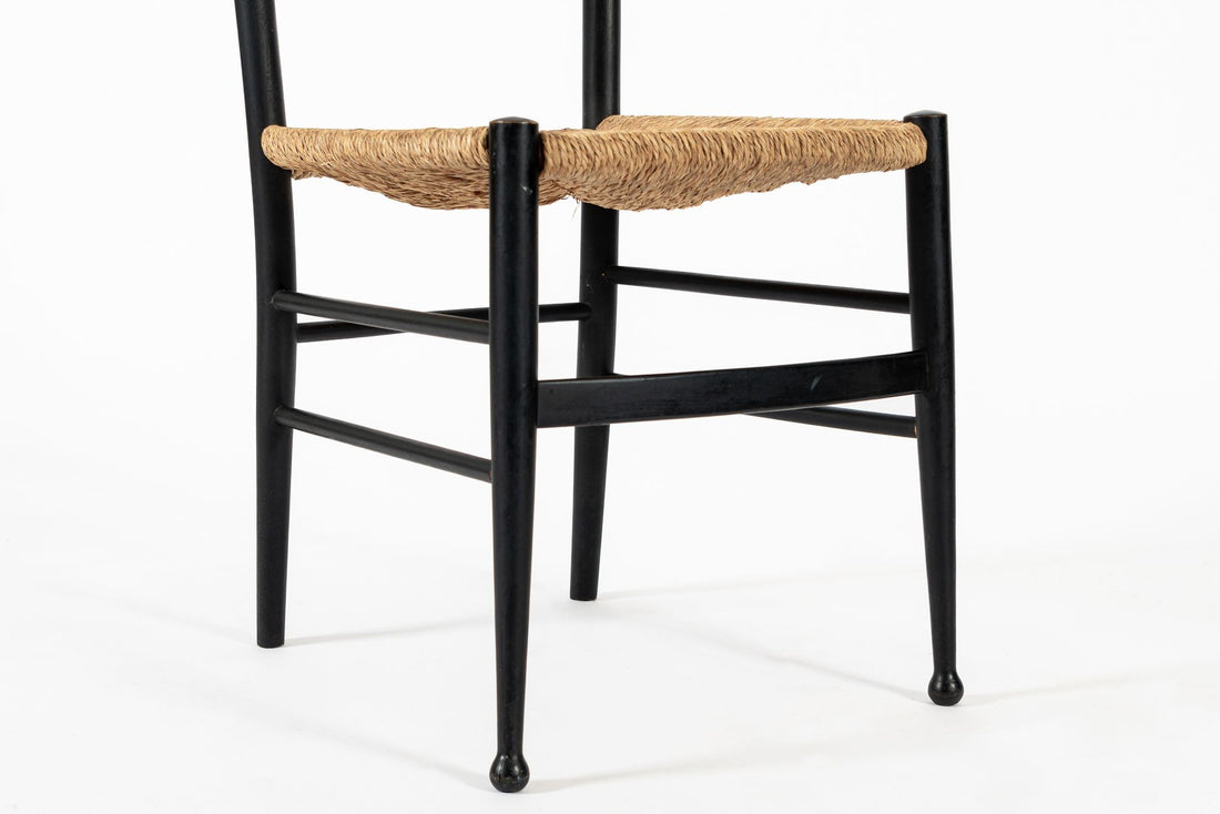 Vintage Mid Century Black Wood and Rush Wicker Dining Chairs