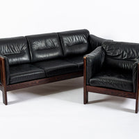 Mid Century Danish Black Leather Lounge Chair in Style of Arne Norell, Matching Sofa