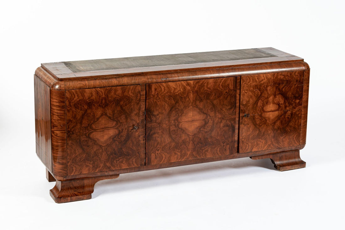 Antique Art Deco Burl Wood China Cabinet or Bar Cabinet with Drop-down Tabletop 1930s