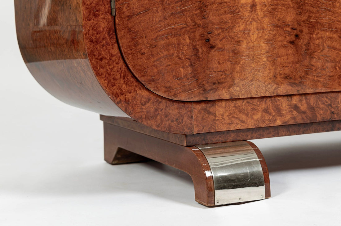 French Art Deco Amboyna Burl Sideboard or Bar Cabinet with Marble Top, Circa 1930
