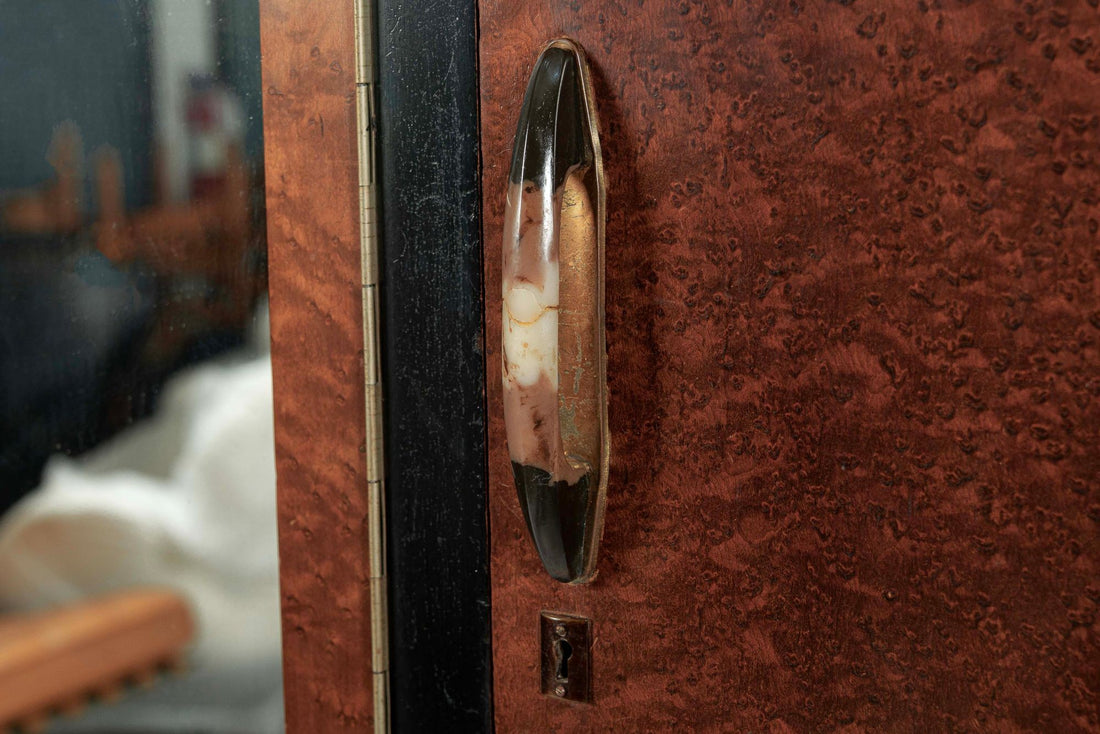 Antique Art Deco Maple Wood Mirrored Armoire Cabinet 1930s