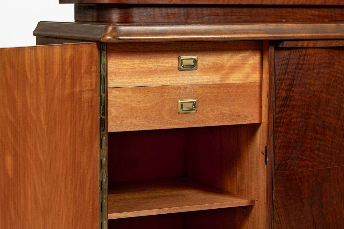 Art Deco Figured Walnut Sideboard Buffet or Bar Cabinet with Vitrine, circa 1930