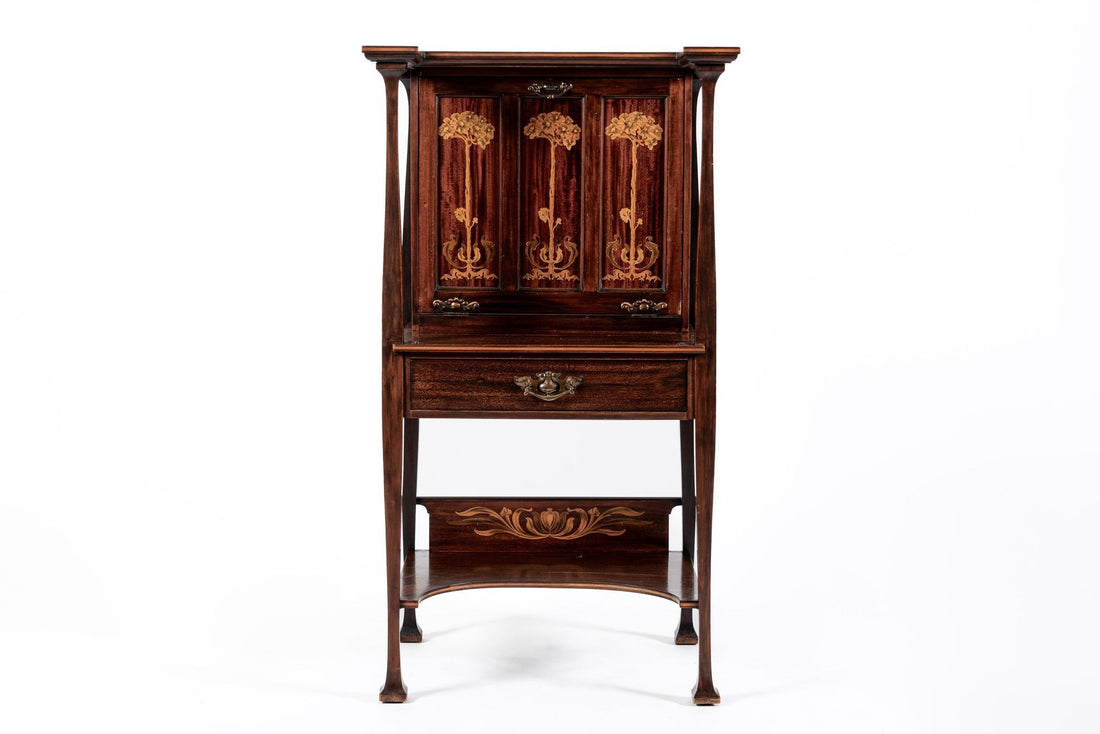 Antique Art Nouveau Scottish Mahogany Floral Secretary Cabinet