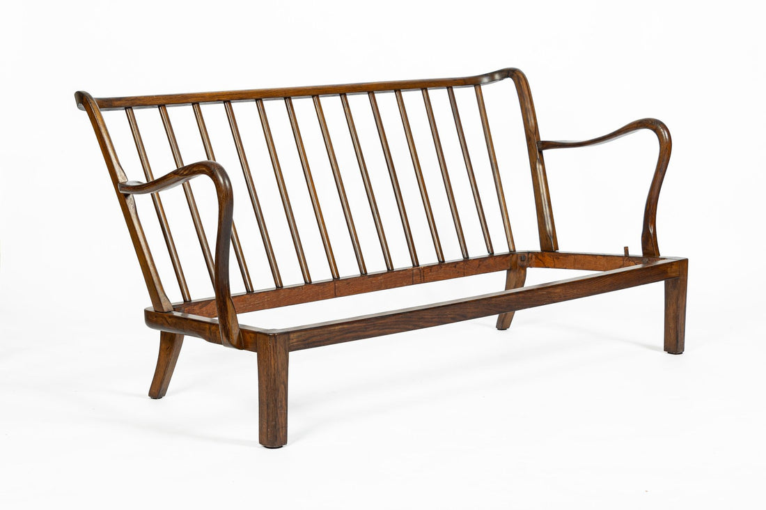 Danish Modern Solid Walnut Spindle Back Sofa in Schumacher Fabric, Circa 1960