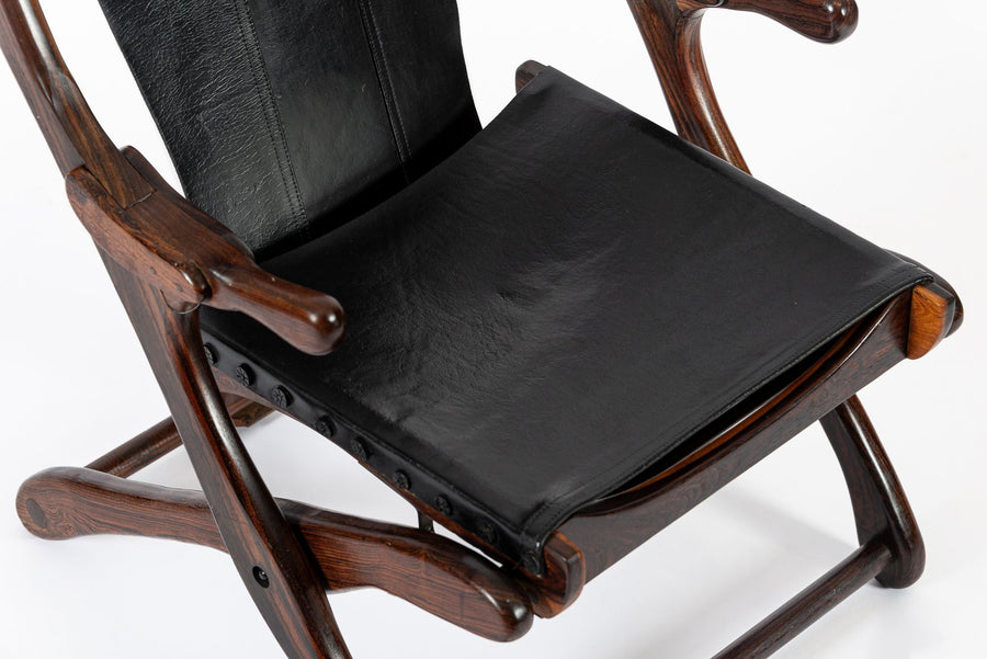 Mid Century Rosewood & Black Leather Folding Lounge Chair by Don Shoemaker