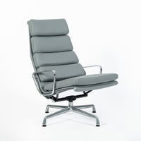 Pair Eames Soft Pad Recliners with Ottoman for Herman Miller, Gray Leather Aluminum Group