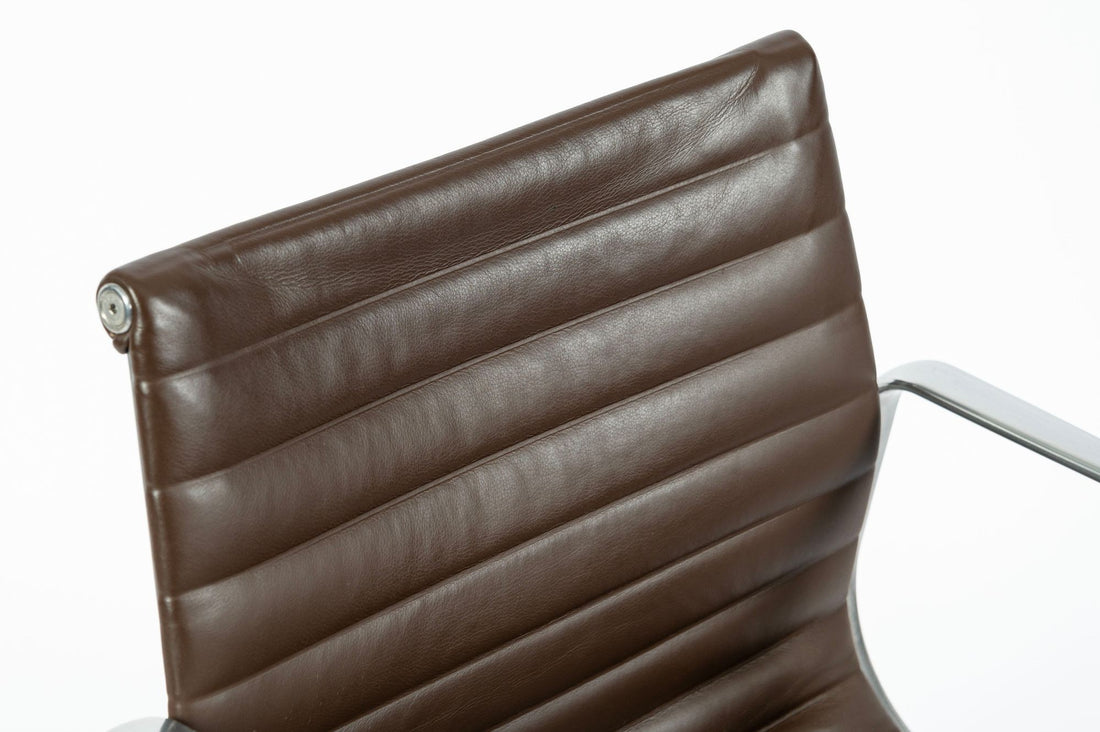 Set of 4 Eames Herman Miller Office Chairs, Brown Leather Thin Pad Aluminum Group