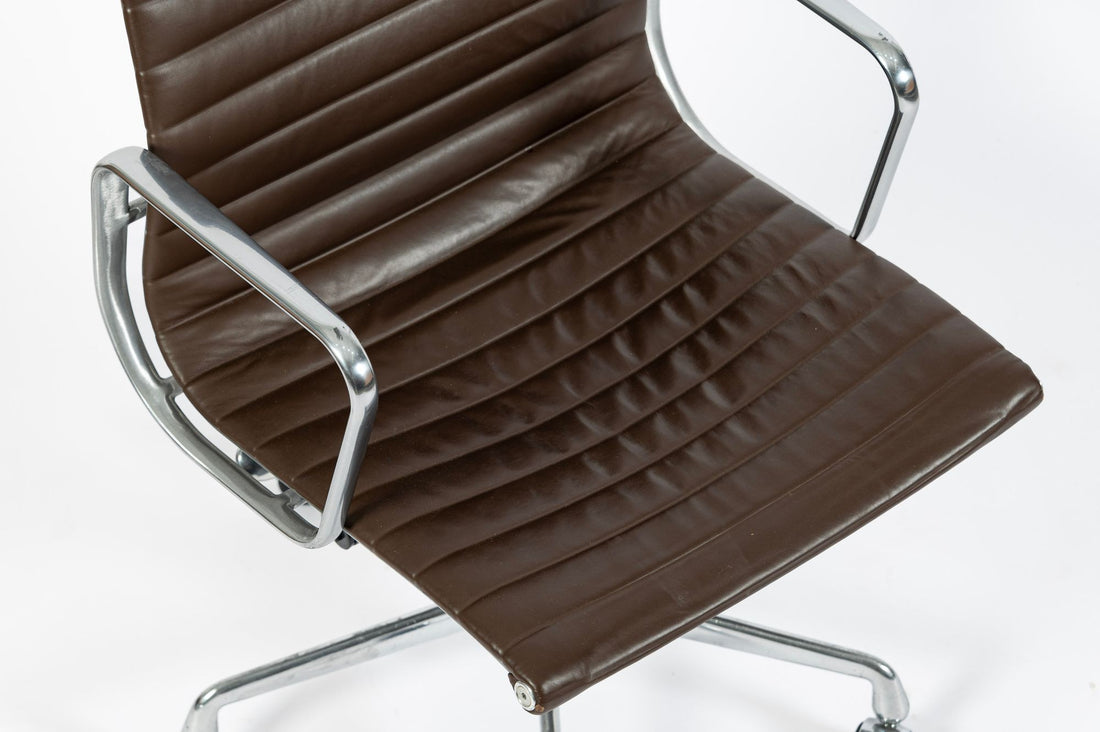 Eames Herman Miller Brown Leather Aluminum Group Thin Pad Desk Chair, 2008
