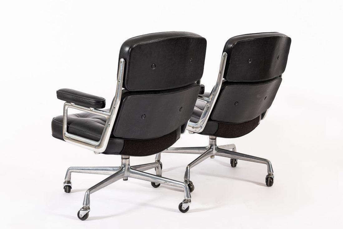 Pair Eames Herman Miller Time Life Black Leather Office Chairs 1980s